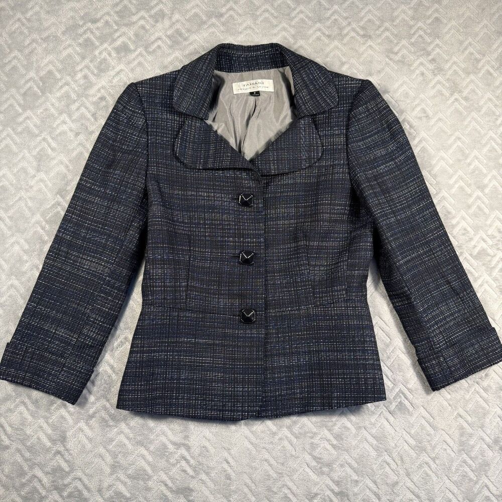 Tahari women Size 2 Suit Jacket Blazer Career Blue 3 Button Up 3/4 Sleeve